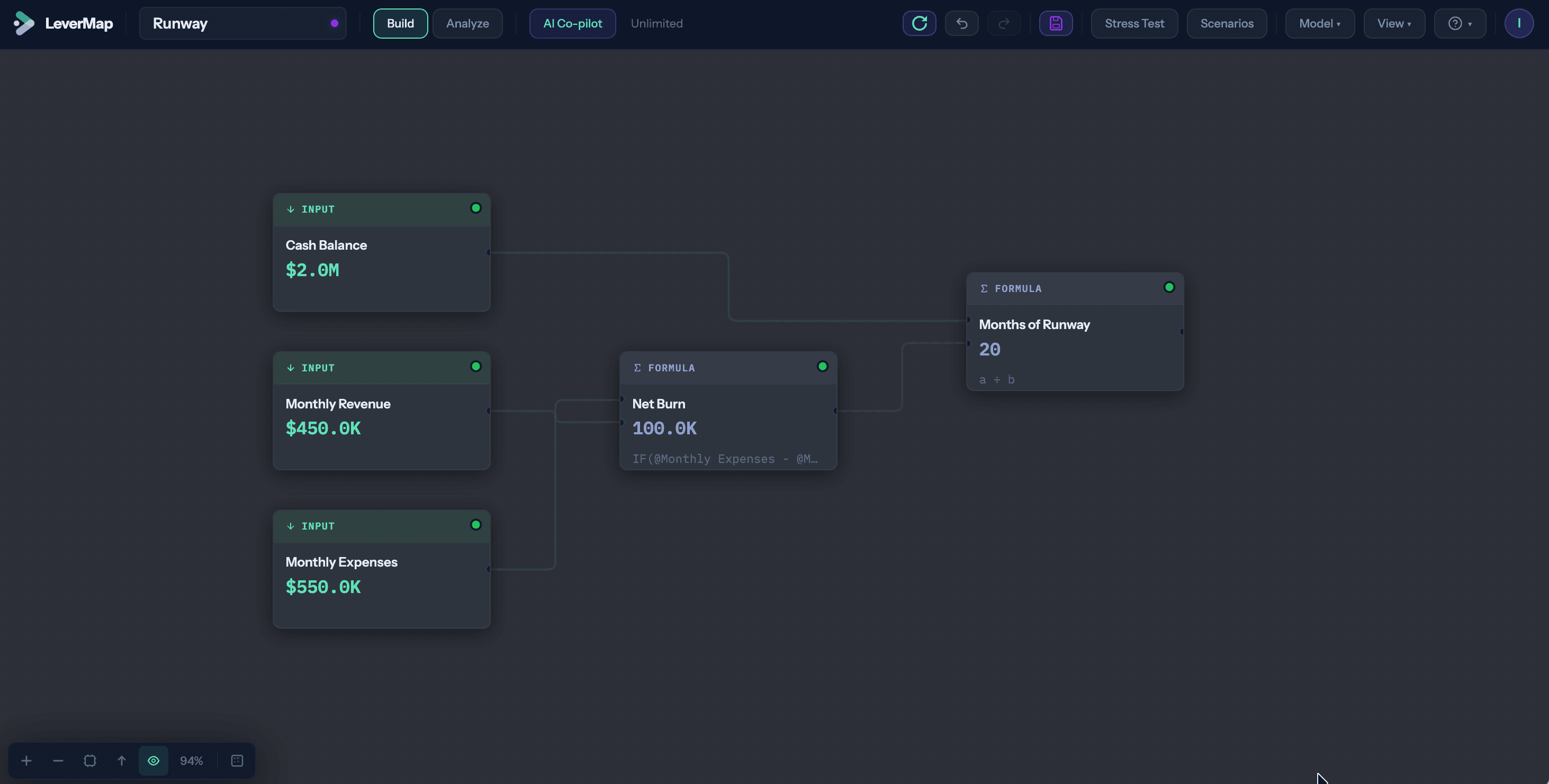 LeverMap app — Runway model with inputs, formulas, and months of runway on a dark canvas